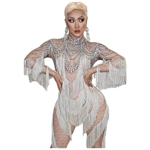 Fake Rhinestone Print Dancer Spandex Nightclub Costumes White Tassel Jumpsuit Women stage show wear