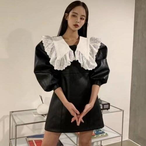 Korean Chic Vintage Fashion Black Heavy Industry Slim Waist Embroidered Peter Pan Collar PU Leather Dress Women Mini Casual