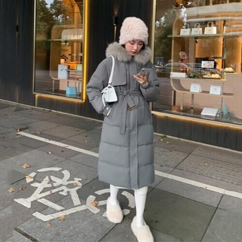 Fashion Down Parker Women Winter Hooded Thicken Warm Coat Slim Long Down Cotton Overcoat Womens Belted Windproof Winter Jacket