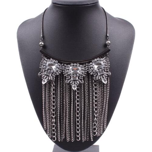 Fashion New Brand Statement Chunky Chain Tassel Necklace Crystal Rhinestone Pendant Jewelry for Women