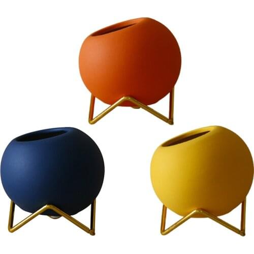 Small Flower Vase Set of 3, Modern Ceramic Vase for Living Room Decor Yellow Blue Orange Round Vase for Faux Flowers