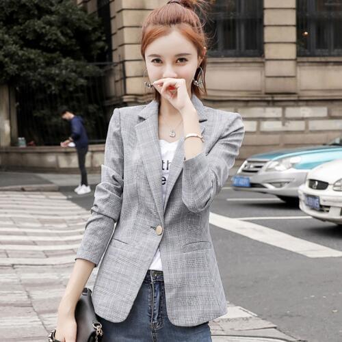 New Fashion Autumn Women Casual Plaid Blazer Female Office Lady Suit Pocket Business Blazer Single Button Women Jacket Blazer