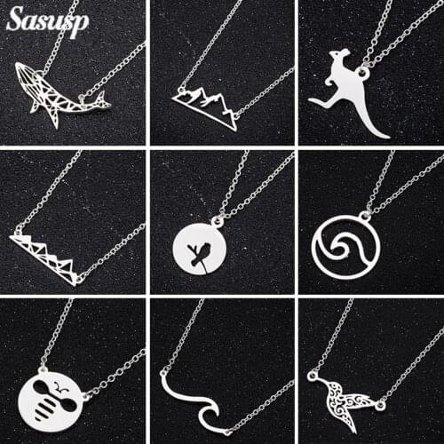 Simple Stainless Steel Whale Snow Mountain Pendant Choker Necklace Women Bird Wave Bee Chain Necklace For Party Wedding Jewelry