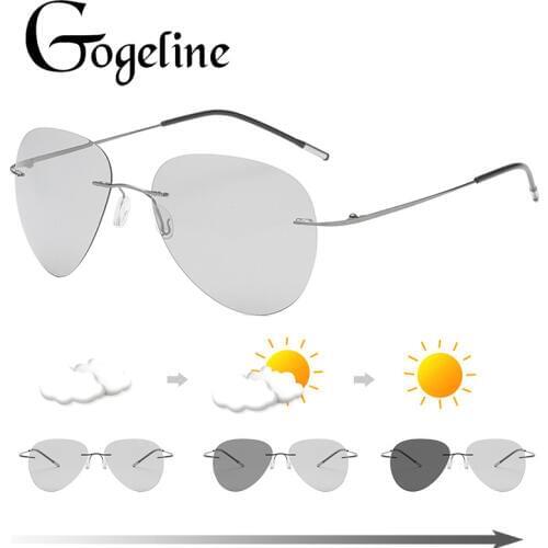 Photochromic Rimless Polarized Light Sunglasses Titanium Arm Chameleon Discoloration Sun glasses for men women aviation square