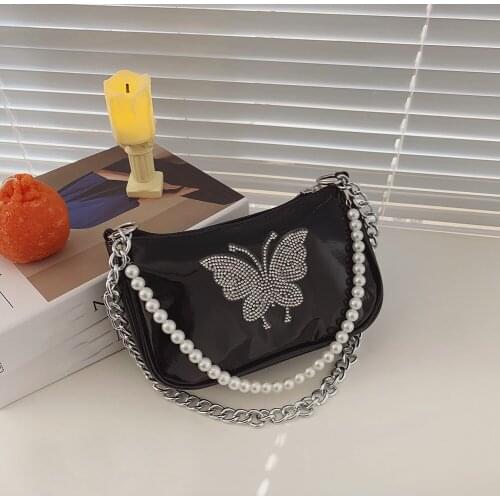 Fashion Women Rhinestone Butterfly Small Shoulder Bag Bright PU Leather Underarm Bags Female Pearl Thick Chain Bag bolso mujer