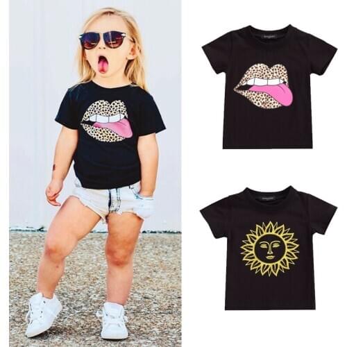 2020 Little Girls Lip Tongue/Sun Patterns T-shirts Toddler Baby Girl Round Neck Short Sleeve Tops Summer T-shirts for Kids 1-5Y