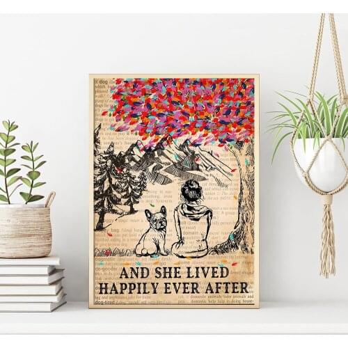 Vintage Dog Poster And She Lived Happily Ever After Pet Canvas Wall Art Paintings and Prints Pictures Living Room Home Decor