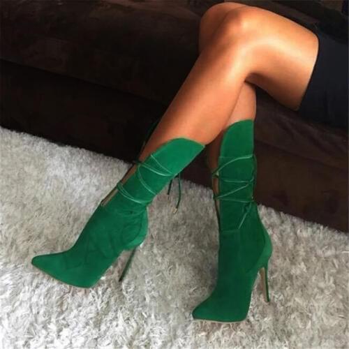 LAIGZEM Super Women Mid Calf Heels Boots Faux Suede Pointed Toe Stiletto Shoes Woman Ladies Botines Mujer Large Size 44 45 46 47
