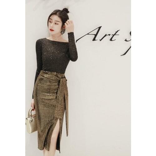 New arrival work style high quality shining 2 pieces women sets slim black top and long pencil skirt elegant vintage women sets