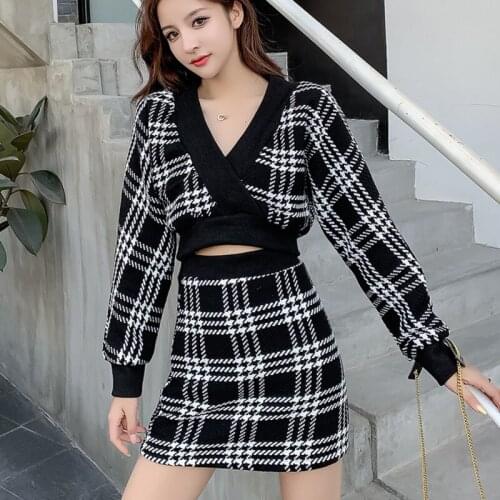 French Vintage Plaid Two Piece Set Women Crop Top + Sheath Bodycon Mini Skirts Sets Fall Winter Fashion Streetwear 2 Piece Suits