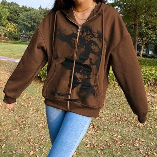 90s Vintage Brown Long Sleeve Coat Top Y2K Harajuku Sweatshirt Zip Up Hoodies Women Autumn Streetwear E-girl Gothic Clothes