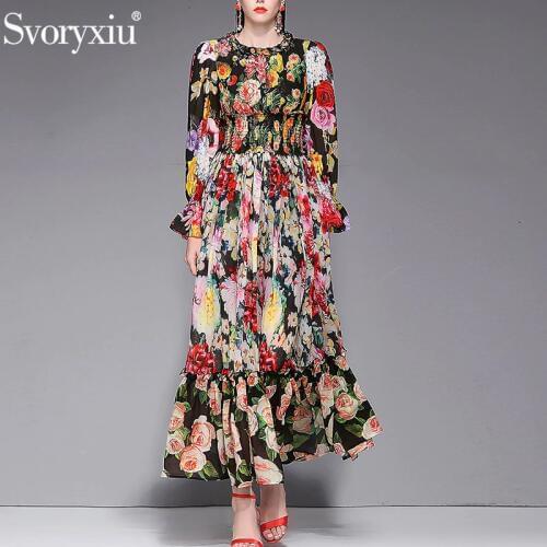 Svoryxiu Womens Spring Summer Runway Custom Big Size Maxi Dress Elegant Charming Flower Print Bohemian Holiday Maxi Dresses