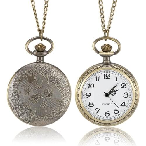 1 Pcs Men Women Bronze Quartz Pocket Watch Carved Case with Chain LL@17