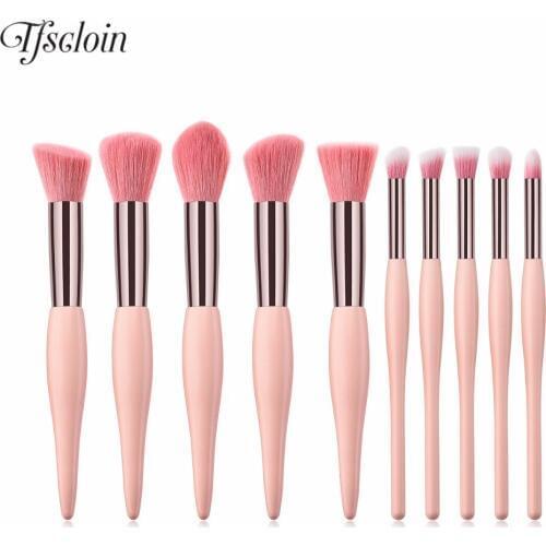 10 pcs High Quality Wood Handle Makeup Brushes Contour Concealer Blush Brushes Cosmetic Tools Flat Head Fluffy Foundation Brush