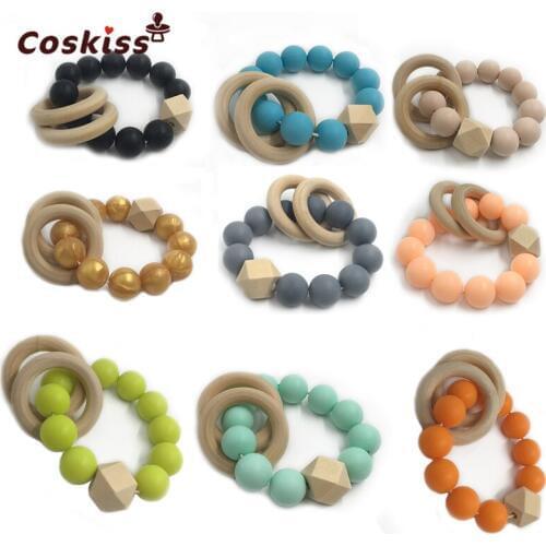 2pcs Baby Silicone Teether Wooden elephant Teether Handmade Nursing Silicone Bead Teething wooden ring Bead With Bracelet