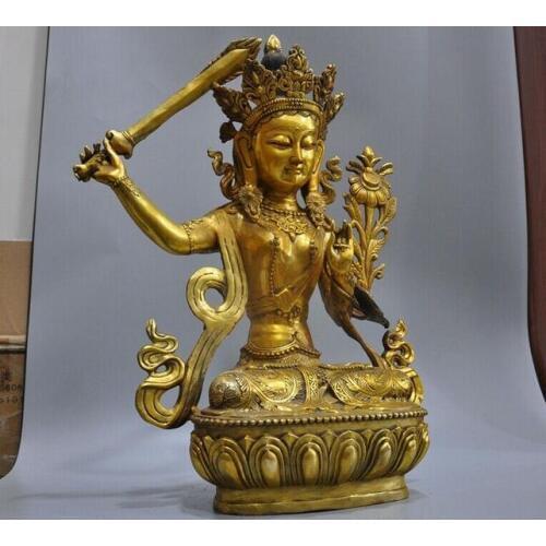 9"Tibet Buddhism bronze copper Hold Sword Manjushri Tara Kwan-yin Buddha statue