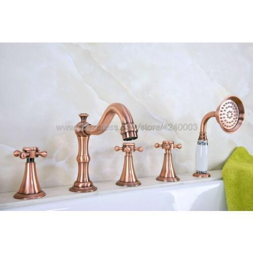 Antique Red Copper Bathroom Bathtub Faucet Deck Mount 5 Holes Bath Mixer Taps with Handheld Shower Ktf215