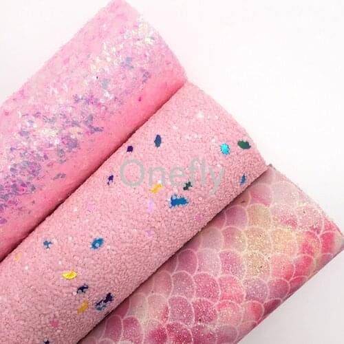 Onefly PINK Chunky Glitter Leather, Faux Leather Mermaid Glitter Fabric Sheets For Bow DIY handbags shoes AF015