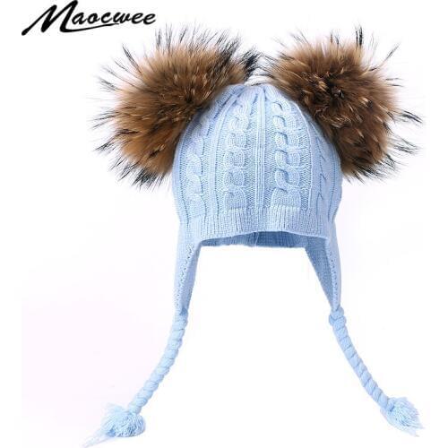 Ages 1-6 Baby Hat Children Winter Hats For Girls&Boy Cotton Thick Warm Knitted Ears Beanie Real Natural Fur Two Pompom Cap 2019