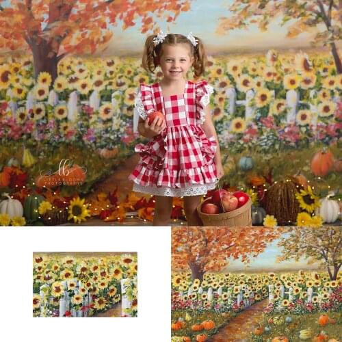 Sunflower Field Backdrop Kids Baby Portrait Autumn Photography Background Pumpkin Tree Decor Country Halloween Child Photostudio