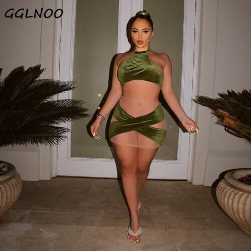 GGLNOO Sexy Two Piece Set Women Mesh Patchwork Irregular Mini Skirts with Halter Top Matching Sets Club Outfits