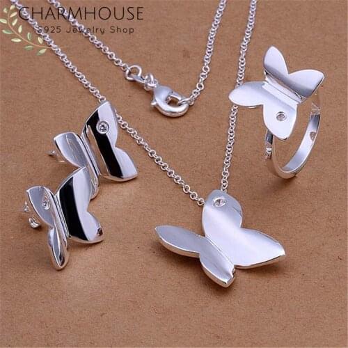 Charmhouse Silver 925 Jewelry Sets For Women Zirconia Butterfly Pendant Necklace Stud Earrings Finger Ring 3pcs Jewelry Set Gift