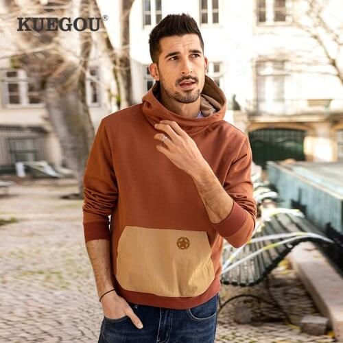 KUEGOU 2021 Autumn 100% Cotton Embroidery Patchwork Hoodie Men Fashion Trendy Hoody For Male Tracksuit Plus Size Clothing 26084