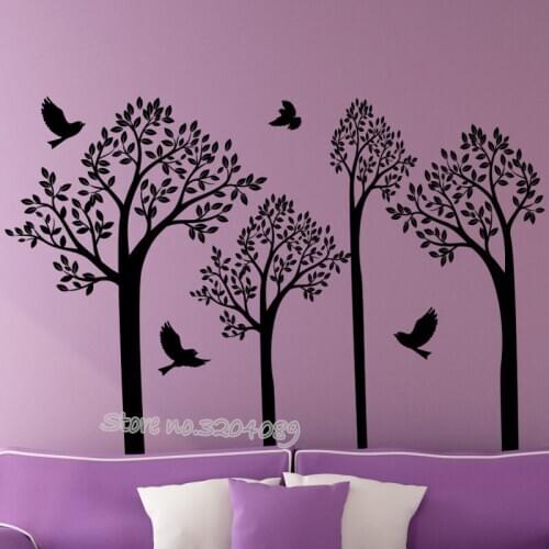 Flying Birds on the Tree Top Wall Decal Four huge trees In the forest nursery child bedroom living room Art mural poster EA465