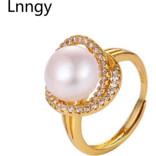 Lnngy 14K Gold Filled 9-9.5mm Natural Freshwater Pearl Ladies Personality Ring for Women Engagement Adjustable Pearl Halo Ring