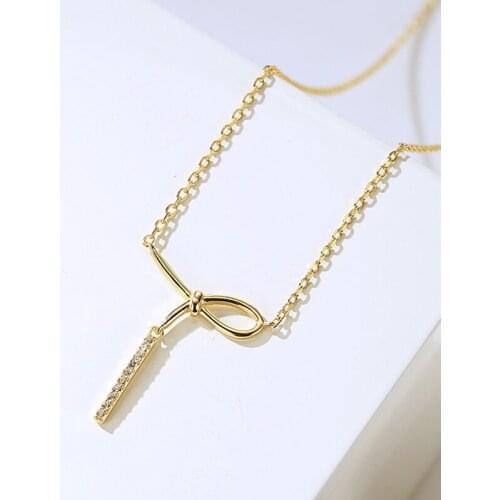 Fashion Womens S925 Silver Gold Bowknot Straight Zircon Pendant Personalized Necklaces XL328