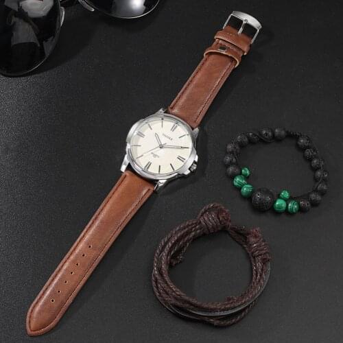 Fashion Male Watch Gift Set Brown Quartz Minimalist Dial Exquisite Adjustable Mens Bracelets Birthday Gifts Box for Father Dad