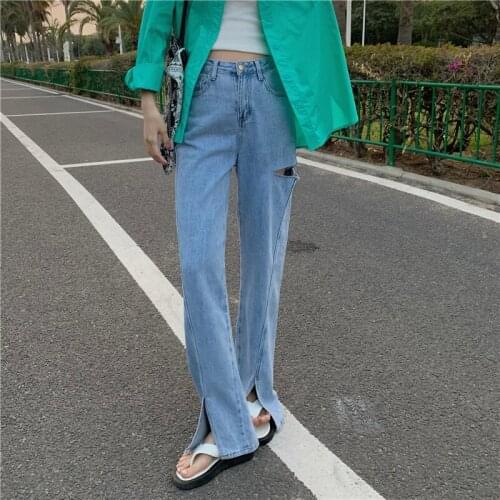 Fashion Split Jeans Women Summer Thin Trousers Ladies Splits Holes High Waist Denim Trousers Chic Ripped Jeans Pants Plus Size