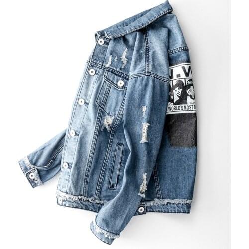 Mens Denim Jacket Ripped Printed Blue Coat Loose Hip-Hop Retro Distressed Tooling Denim Jacket Men