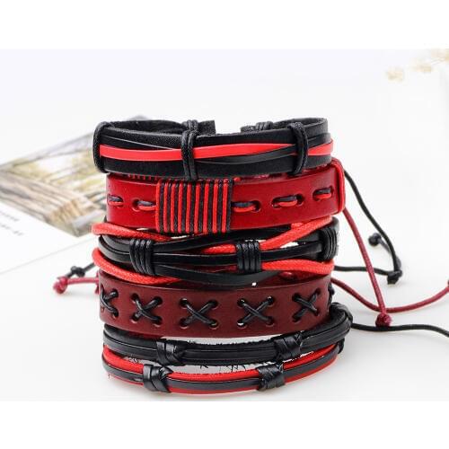 5pcs/set Boho Gypsy Hippie Punk Red Black Leather Wax Cord Rope X Bar Knots Layers Stacked Adjustable Bracelets Set for Man