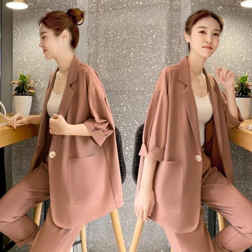 YASUGUOJI New 2019 Fashion Three Quarter Blazer with Elastic Waist Ankle Pant Suits for Women Autumn Women Suits Office Sets