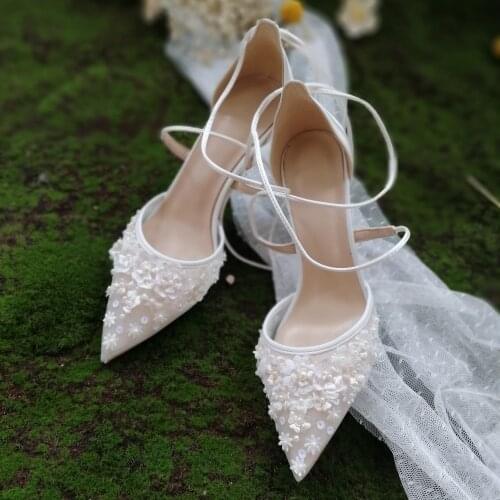 2021 New Brides Shoes French Embroidery Stamping Handmade Girl White Bandage Ladys Wedding Dress High Heels Wedding Shoes