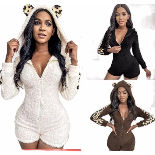 New autumn and winter long sleeve casual hooded shorts Plush home clothes pajamas cute Jumpsuit