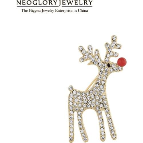 Neoglory Christmas Clear Lucky Reindeer Brooches For Women/Men Trendy Crystal Pearl Pins Fashion Jewelry For Party Xmas Gifts