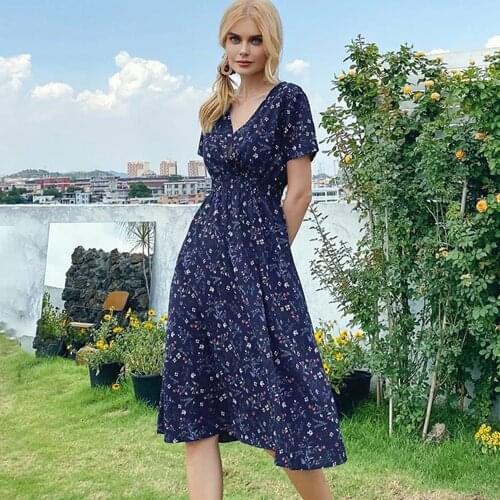 2021 Summer Sexy V-neck Womens Short Sleeve Dress Fashion Floral Print Slim Casual Beach Vacation Knee-length Dresses For Women