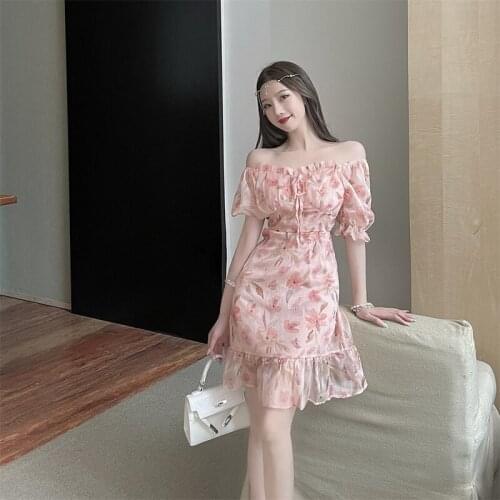 Square Collar A-line Short Dresses Chiffon Ruffles Summer Female New Sweet Style Pink Floral Puff Sleeve Dress for Women