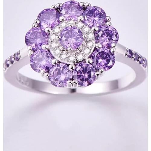 Luxury Round Purple & White Cubic Zirconia Silver Color S Ring For Charm Women Wedding Jewelry Valentines Day Gifts Wholesale