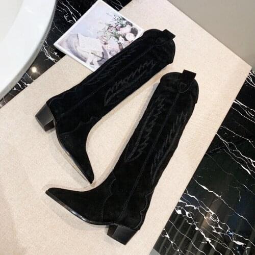 2021 Newest Winter Shoes Woman Retro Nubuck Knee High Boots Woman Chelsea Boots Pointed-Toes Spike Heels Boots Woman Botas Mujer