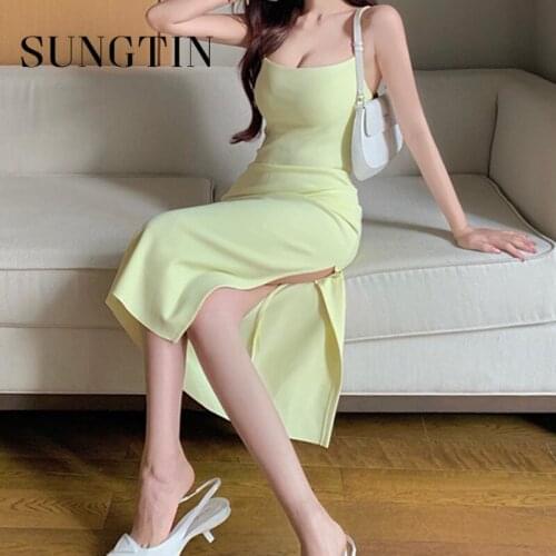 Sungtin Sexy Split Strap Long Dresses Women Backless Empire Bodycon Slip Dresses Club Chic Fashion Vestido Feminino Summer 2021