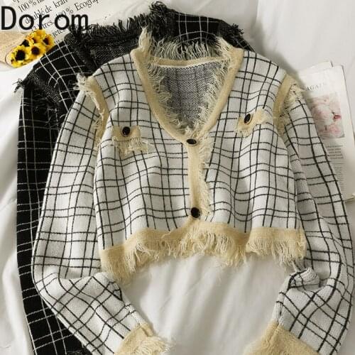 Korean Chic Patchwork Tassel Plaid Sweater Cardigan Loose Long Sleeve V Neck Knitted Crop Coat Elegant Office Female Tops Jacket