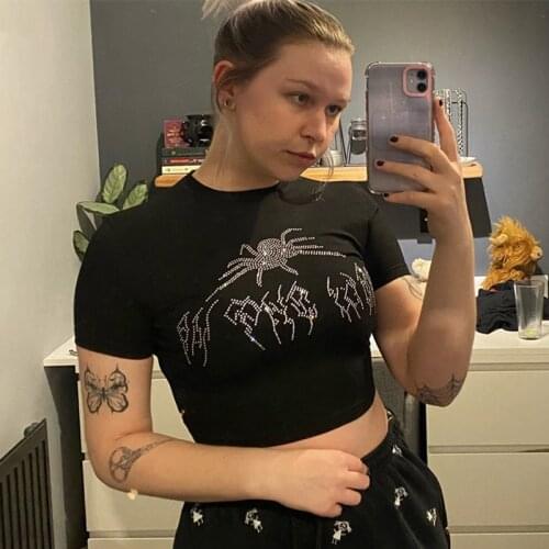 CDJLFH Aesthetic Tees Tops Vintage Rhinestone Spider Graphic Tshirt Y2K Black Goth Crew Neck Short Sleeve T-Shirt Crop Top Women