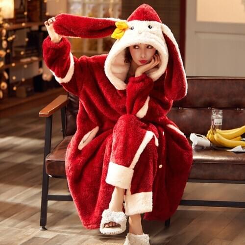 Womens Pajamas Sets Hooded Nightgown Plush Coral Fleece Sleepwear Women Winter Home Clothes Cartoon Rabbit Thicken Pyjamas Suit