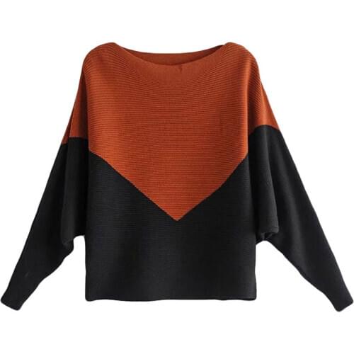 Bella Philosophy Slash Neck Batwing Sleeve Women Sweaters Pullovers Casual Patchwork Slim Knit ladies Sweater