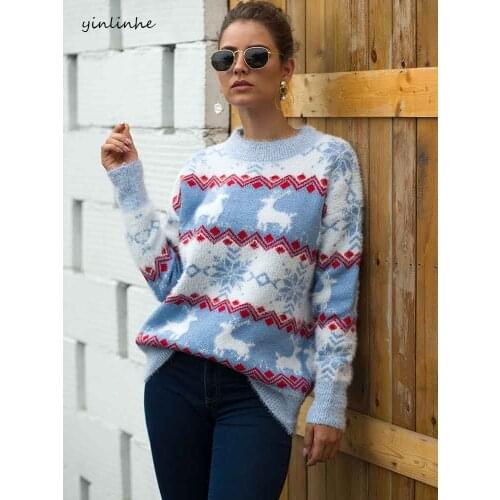Yinlinhe Knit Snowflake Christmas Sweater Women Long Sleeve Cute Deer Pullover Spring Winter Jumpers hairy Casual Sweaters 1306