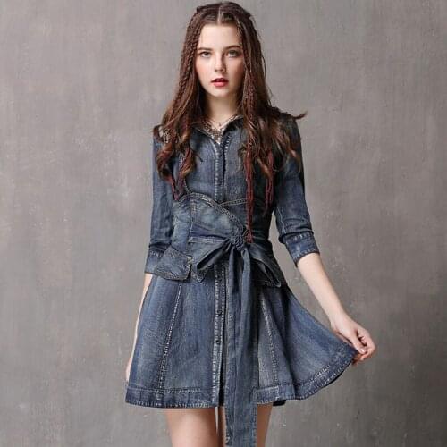Spring Summer Casual Women Slim 3/4 Sleeve Sash Bow Ruffles Denim Dress , Female Ladies Patchwork Bleached Stylish Jeans Dresses