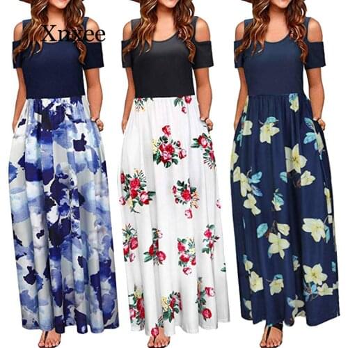 Pocket Dress Women Summer Cold Shoulder Floral Print Elegant Maxi Long Dress Plus Size Ladies Casual Sundress Big Size Elegant
